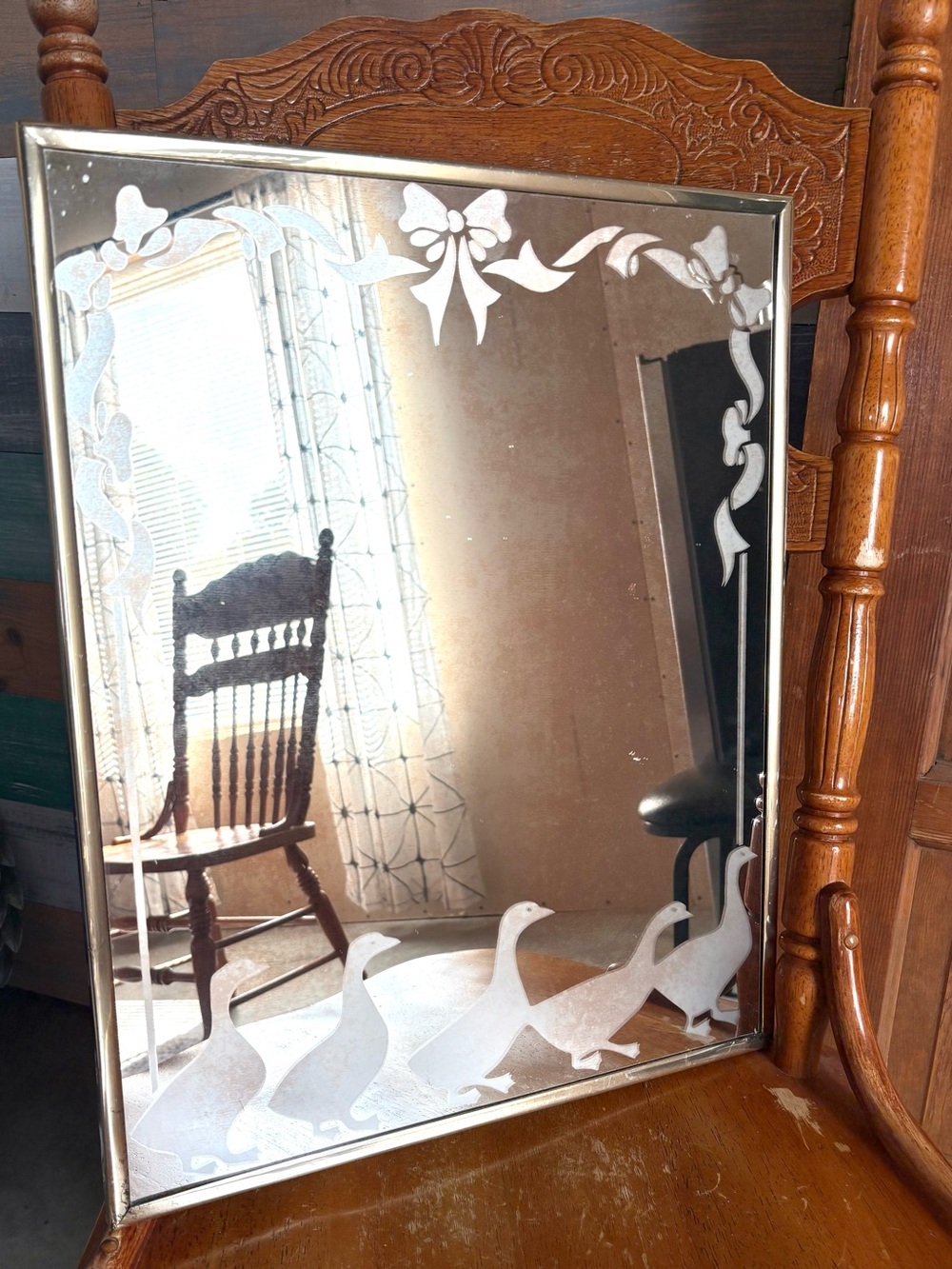 Vintage Etched Frosted Glass Bows & Duck Geese Wall Mirror